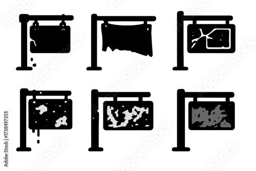Abandoned Sign Icons. Solid, filled icon set of abandoned sign: broken frame, rusted hinges, torn fabric, bent pole, rust stains, faded colors, corroded