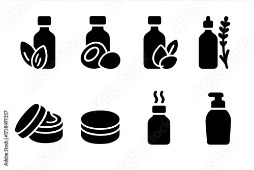 Massage Oil Icons. Solid, filled icon set of massage oils and lotions: almond oil, coconut oil, jojoba oil, lavender oil, massage cream, balm, scented oil,