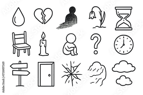 Contemplating Loss Symbols. Hand-drawn doodle illustration contemplating loss and future unknown teardrop, broken heart, fading shadow, hourglass, empty chair,
