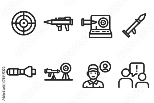 Rocket Launcher Training Icons. Outline icon set of rocket launcher training and simulation: target practice, laser training, simulator console, dry fire,