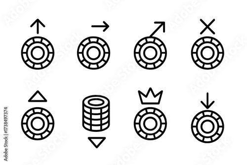 Poker Chip Icons. Outline icon set of poker game chips: chip bet, chip call, chip raise, chip fold, chip all-in, chip pot, chip win, chip loss. Line icons in