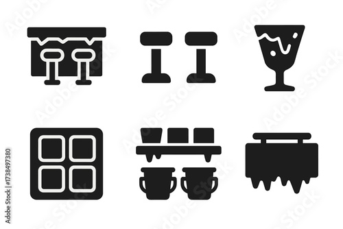 Ice Bar Icons. Solid, filled icon set of ice bar elements: ice countertop, ice stools, frozen glass, shot glass mold, drink holder, chilling shelf, frozen