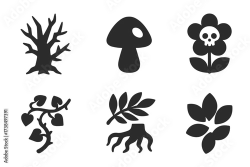 Haunted Flora Icons. Solid, filled icon set of haunted flora: dead tree, thorn bush, glowing mushroom, poisonous flower, creeping ivy, ash leaf, cursed root,