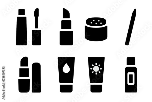 Lip Care Icon Set. Solid, filled icon set of lip balm related products: lip gloss, lipstick, lip scrub, lip liner, chapstick, facial moisturizer, sunscreen,