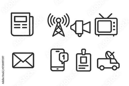 Financial Media Icons. Outline icon set of financial district communication and media: newspaper, radio tower, megaphone, television, email, smartphone