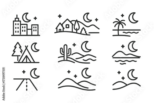 Moonlit Night Icons. Outline icon set of nighttime scenes: city skyline with moon, village under moonlight, moonlit beach, camping under moon, moonlight