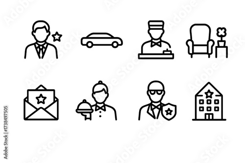 Guest & VIP Icons. Outline icon set of guest management: guest list, checkmark, name tag, seating chart, handshake, clipboard, calendar, bell notification.