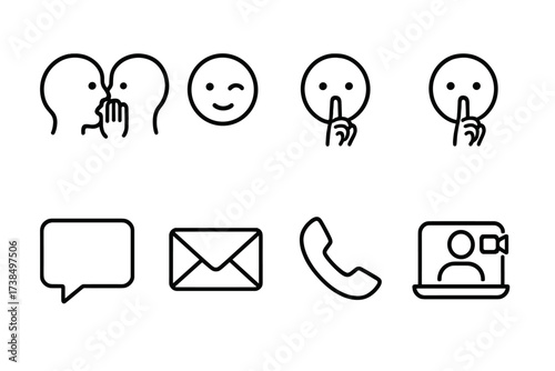 Icon Sets Communication & Vows. Outline icon set of deep gaze communication: whispering face, eye wink, finger on lips, hush gesture, message bubble, envelope,