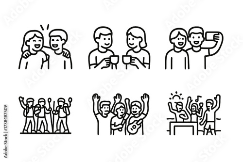 Friendship Icon Set. Outline icon set of together friendship: friends laughing, sharing coffee, group selfie, hiking together, cheering, playing music, beach