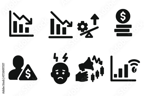 Trading Risks Icon Set. Solid, filled icon set of trading risks: volatility, slippage, leverage risk, liquidity risk, margin call, emotional trading, market
