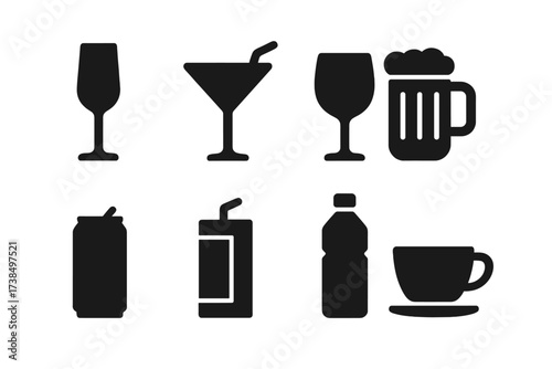 Celebration Drink Icons. Solid, filled icon set of celebration drinks: champagne flute, cocktail glass, wine glass, beer mug, soda can, juice box, water