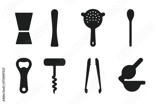 Happy Hour Tools Icons. Solid, filled icon set of happy hour bar tools: jigger, muddler, strainer, bar spoon, bottle opener, corkscrew, ice tongs, citrus