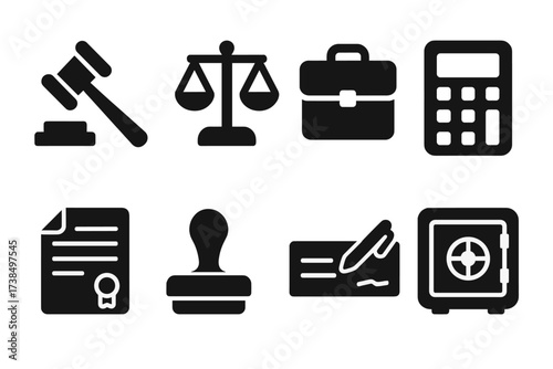 Liquidation Tools Icons. Solid, filled icon set of liquidation tools: gavel, scales of justice, briefcase, calculator, contract, stamp, checkbook, safe.