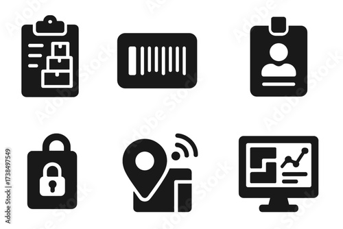 Storage Management Icons. Solid, filled icon set of storage unit management: inventory clipboard, barcode label, calendar schedule, staff ID badge, security