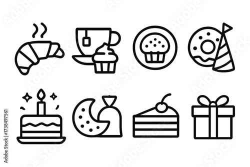 Pastry Icon Set. Solid, filled icon set of pastry occasions: breakfast, tea time, brunch, party, celebration, snack, dessert, gift. Line icons in only black