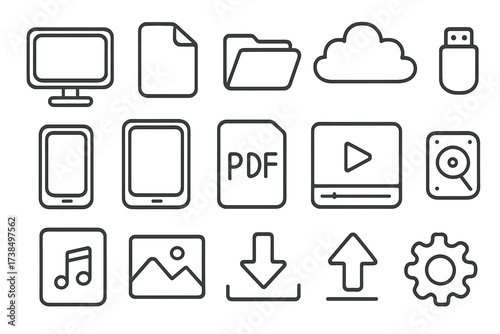 Digital Storage Icons. Hand-drawn doodle illustration digital format computer monitor, file icon, folder, cloud storage, USB drive, hard disk, smartphone,