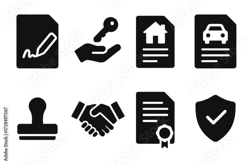 Ownership Transfer Icons. Solid, filled icon set of ownership transfer: contract signature, key handoff, property deed, vehicle title, agreement stamp, legal