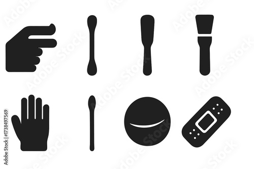 Ointment Application Icons. Solid, filled icon set of ointment application tools: fingertip, cotton swab, spatula, brush, glove, applicator stick, cotton pad,