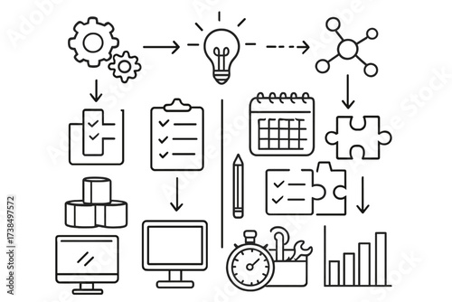 Organizational Framework Doodle. Hand-drawn doodle illustration organizational framework flowchart, gears, checklist, calendar, clipboard, light bulb, network