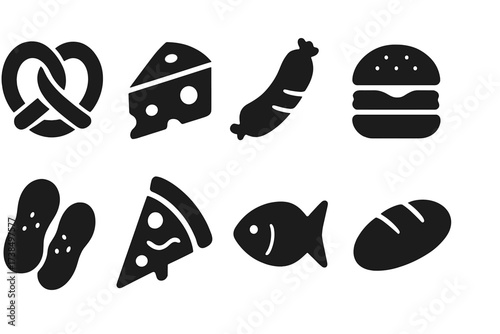 Beer Food Icons. Solid, filled icon set of beer and food pairing: pretzel, cheese wedge, sausage, burger, nuts, pizza slice, fish, bread loaf. Solid, filled