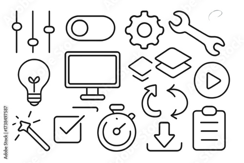 Tech Doodle Icons. Hand-drawn doodle illustration preset control sliders, toggle switch, gear, wrench, light bulb, computer screen, layers panel, play button,