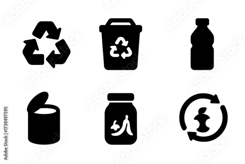 Recycling Icon Set. Solid, filled icon set of recycling cycles: recycling arrows, compost bin, paper recycling, plastic bottle, metal can, glass jar, organic