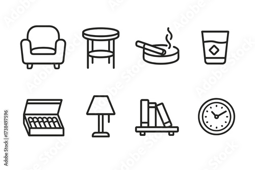 Smoking Lounge Icons. Outline icon set of smoking lounge items: armchair, side table, ashtray, drink glass, cigar box, lamp, bookshelf, wall clock. [Line icons