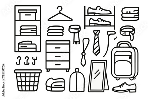 Closet Organization Icons. Hand-drawn doodle illustration Closet space optimization shelf, hanger, shoe rack, storage box, folded clothes, drawer, belt, scarf,