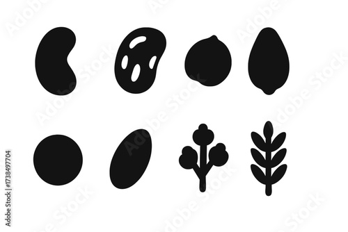 Legumes and Grains Icons. Solid, filled icon set of legumes and grains: kidney bean, pinto bean, chickpea, corn kernel, lentil, rice, quinoa, barley. [Line