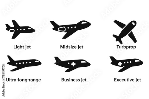 Private Jet Icons. Solid, filled icon set of private jet types: light jet, midsize jet, heavy jet, turbo prop, ultra-long range, business jet, air ambulance,