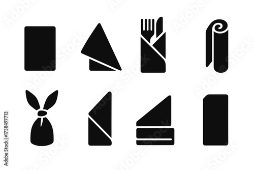 Napkin Fold Icons. Solid, filled icon set of casual napkin folds: simple rectangle, half triangle, cutlery wrap, quick roll, tied napkin, angled