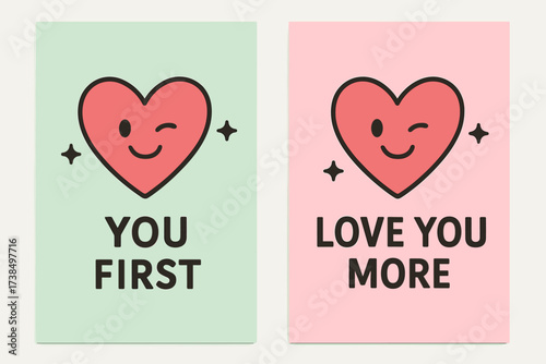 Winking Hearts Banners. Playful Banter. Two vertical A6 banners, minimal, pastel mint and pink backgrounds, two winking hearts with tiny stars, first banner