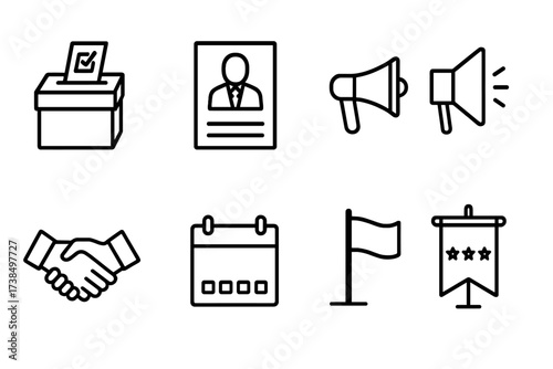 Campaign Icon Set. Outline icon set of senator campaign: ballot box, campaign poster, megaphone, donation box, handshake, calendar, flag, banner. Line icons in