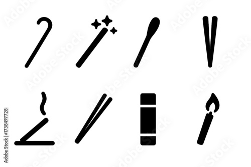 Stick Tools Icons. Solid, filled icon set of stick tools and objects: walking stick, magic wand, drumstick, paint stick, incense stick, chopsticks, glue stick,