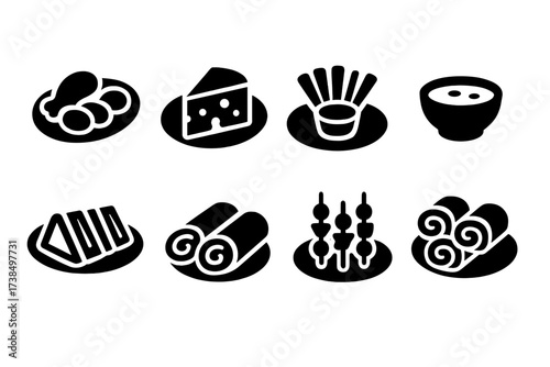 Catering Platter Icons. Solid, filled icon set of catering platters: meat tray, cheese board, vegetable sticks, dip bowl, sandwich tray, wrap platter, fruit