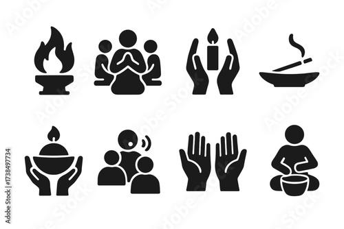 Sacred Ceremony Icons. Solid, filled icon set of sacred ceremonies: fire ritual, prayer circle, candle lighting, incense burning, offering presentation,