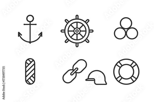 Destroyer Symbol Icons. Outline icon set of destroyer symbols: anchor, ship wheel, naval star, cannonball, rope, chain, helmet, lifebuoy. Line icons in only