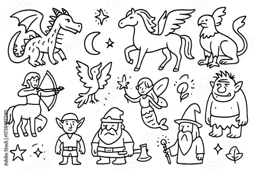 Mystical Creature Icons. Mystical Creatures. Hand-drawn doodle illustration dragon, unicorn, griffin, mermaid, centaur, phoenix, fairy, troll, goblin, wizard,