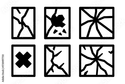 Smashed Window Icons. Solid, filled icon set of smashed window: large crack, broken glass pieces, shattered fragments, distorted frame, missing shards, spider