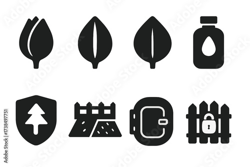 Closed Nature Icons. Solid, filled icon set of closed nature and environment: closed flower bud, closed seed pod, shut leaf, sealed container, protected area,