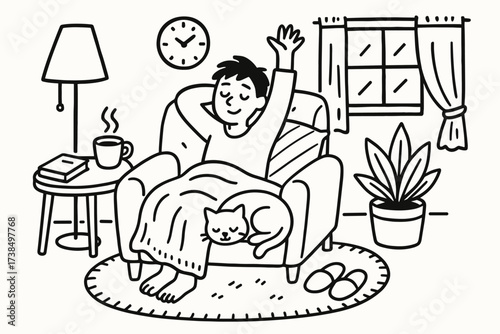 Cozy Post-Nap Stretch. Hand-drawn doodle illustration Post-nap stretch in a comfy corner person stretching, armchair, blanket, pillow, slippers, coffee cup,