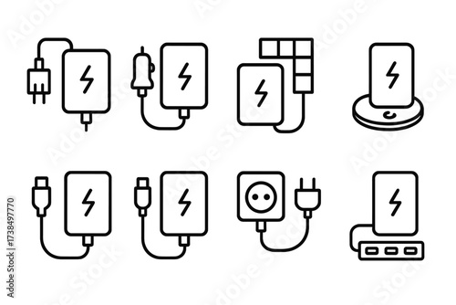 Charging Methods Icons. Outline icon set of power bank charging methods: USB wall charger, USB car charger, solar panel charging, wireless charging pad, USB-C