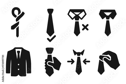 Tie Wearing Guide Icons. Solid, filled icon set of tie wearing tips: knot tutorial, length check, collar fit, tie symmetry, matching suit, tie adjustment, tie