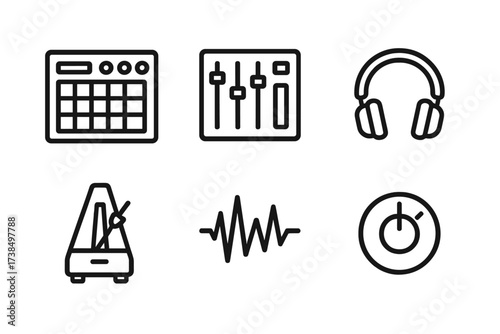 Electronic Music Icons. Outline icon set of electronic music tools: sequencer, mixer, drum pad, headphone, tempo control, waveform, synth knob, play button.