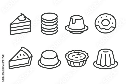 Dessert Icons Grid. Outline icon set of sweet desserts: cake slice, macarons, pudding, donut, pie slice, custard, tart, jelly. Line icons in only black color,