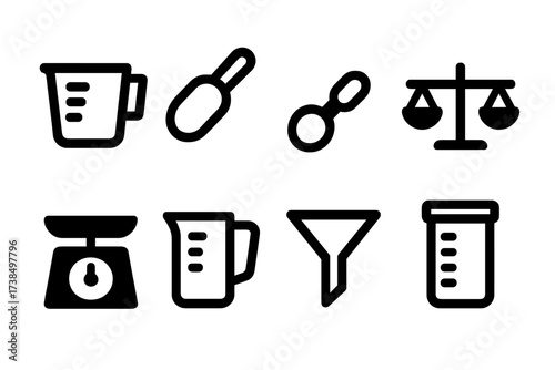 Dry Measuring Tools Icons. Solid, filled icon set of dry measuring tools: dry measuring cup, scoop, measuring spoon, balance scale, kitchen scale, measuring