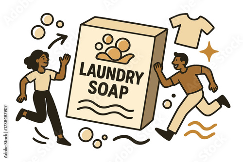 Minimalist Soap Box Design. Soap packaging design. Minimalist laundry soap box floating with abstract icons of bubbles, waves, and shirts, glowing labels