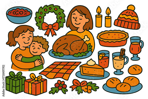 Colorful Holiday Feast. Holiday feast. Colorful Hand-drawn doodle Children illustration turkey, cranberry sauce, pumpkin pie, casserole dish, candles, wreath,