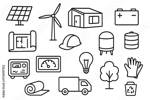 Sustainable Modular Home Elements. Hand-drawn doodle illustration Modular homes with renewable energy solar panel, wind turbine, modular house, battery, water