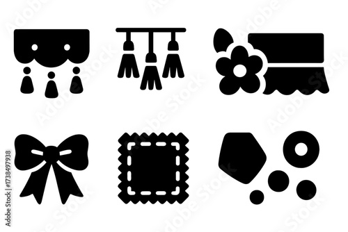Decorative Tablecloth Icons. Solid, filled icon set of tablecloth decorative elements: lace trim, tassels, beading, applique, ruffles, bows, patches, sequins.